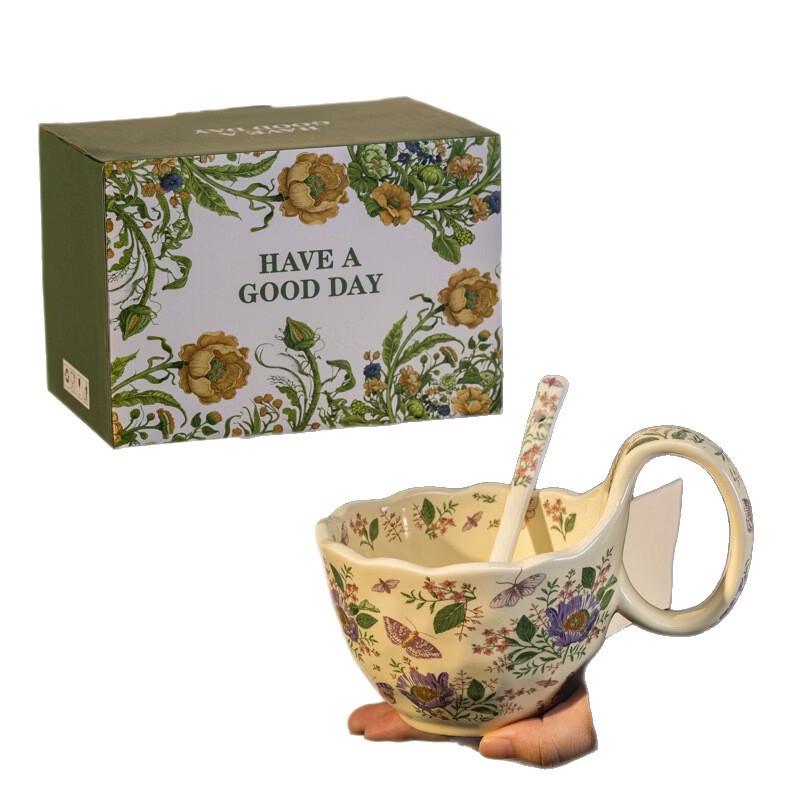 OLOEY Floral Yellow Curved Handle Ceramic Mug Set