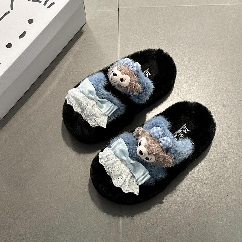 Autumn Cute Cartoon Bear Fluffy Slippers Women's Outer Wear Casual Thick Sole Heightening Plush Flat Bottom One-word Tow Shoes Tide