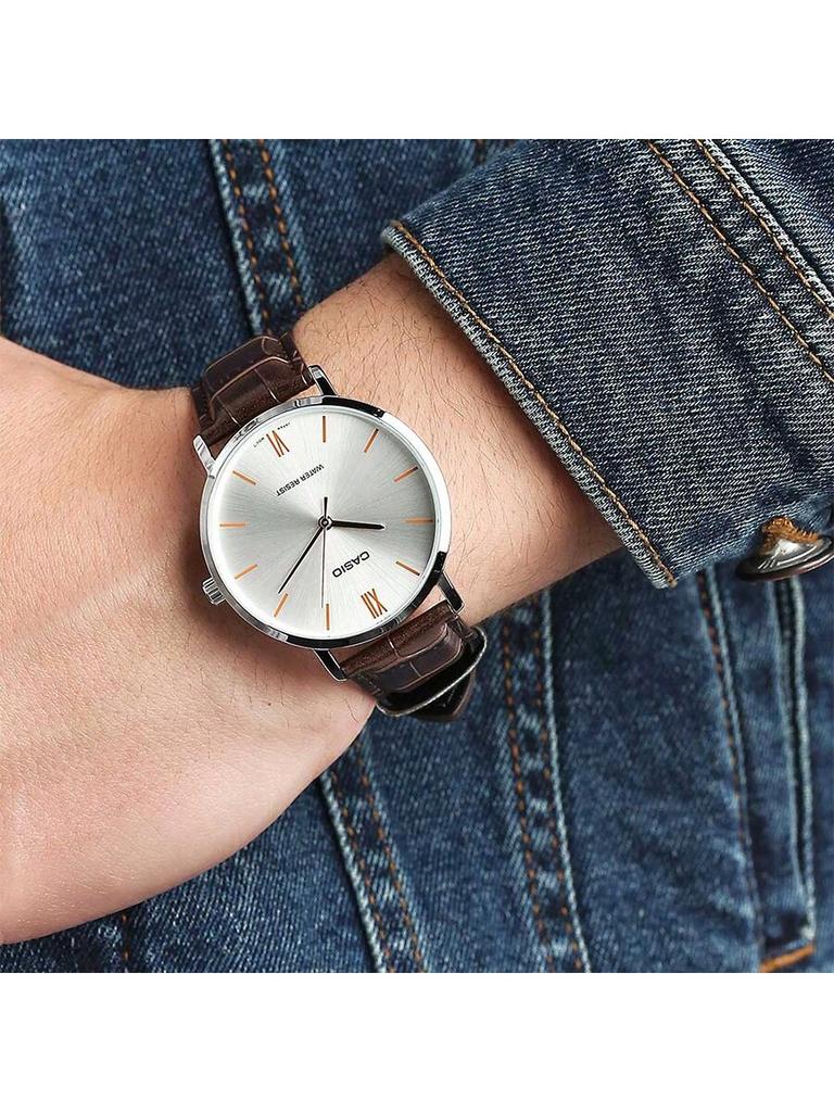 Casio Men's Minimalist Wristwatch - Silver Dial, Blue Numeral Markers, Leather Strap, Pointer Design, Elegant and Versatile, -7B1/-7B2 MTP-VT01L