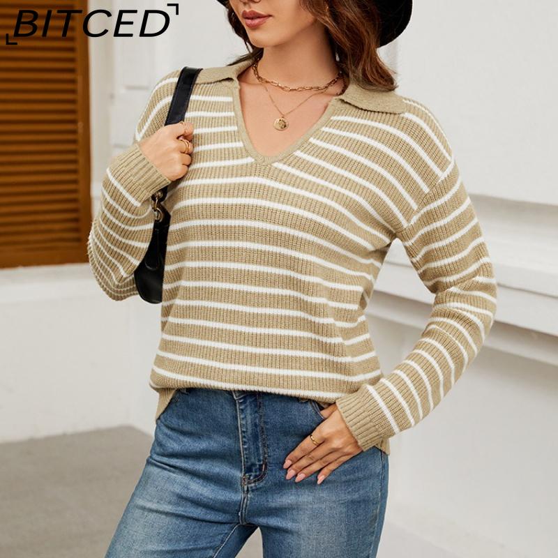 

BITCED Women s Autumn/Winter Striped Sweater Casual Oversized Long-Sleeved Minimalist Pullover Knit Base Layer XL белый/коричневый