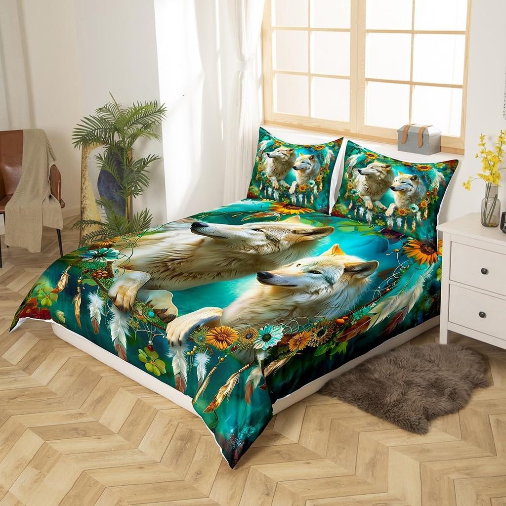 Wolf Duvet Cover Twin Dream Catcher Bedding Set for Kids Boys Girls Wild Adventure Comforter Cover Wild Animals Bedspread Cover