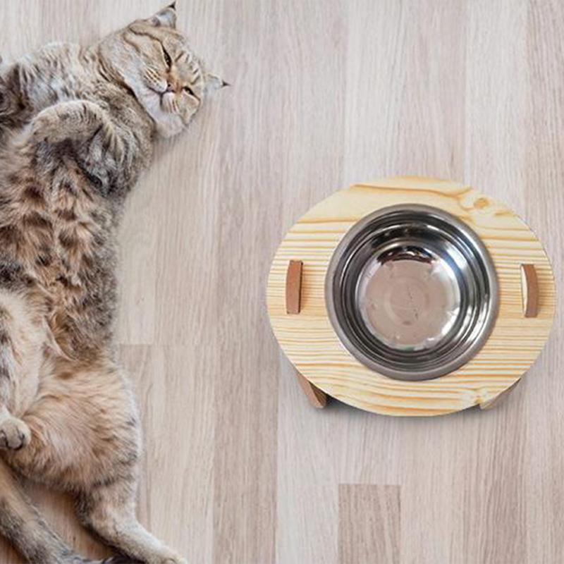 Elevated Pet Bowls Tilted Single/Double Cat Stainless Steel Food Bowls Wooden Dog Water Feeding Container Cat Supplies