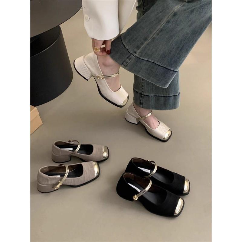 Fashion 2024 New Fashionable Metal Round Head Women's Shoes Retro Small Fragrant Style Thick Heel Mary Jane Single Shoes