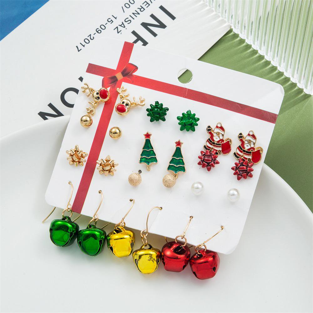 Christmas Earring Set: Santa Claus, Bell, and Tree Drop Oil Studs - 12-Piece Gift Collection