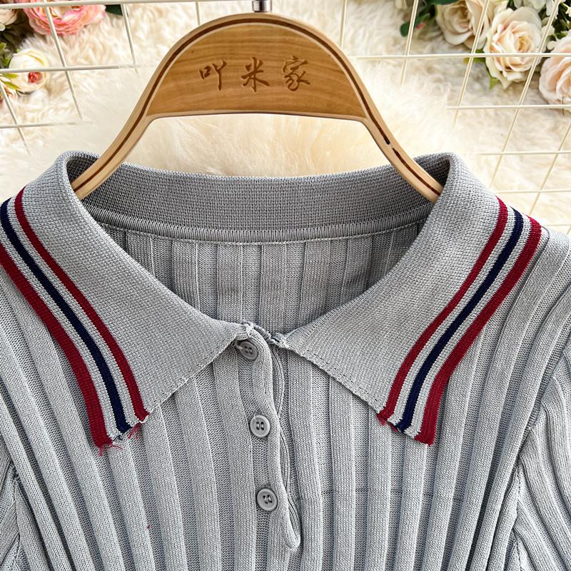 Summer Women College Style Knitted Sweater Two Piece Set Girl Polo Collar Pullover Top and Mini Pleated Skirt Suit