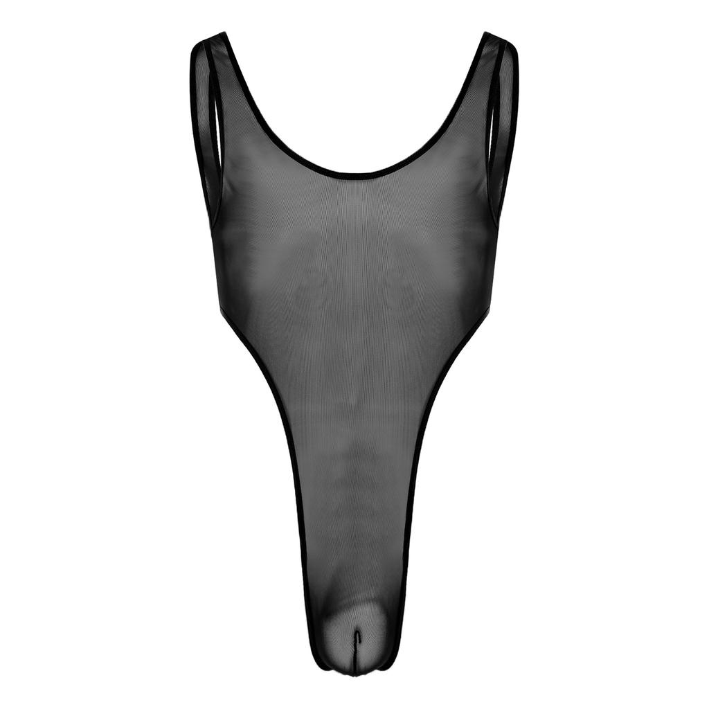 Herren Durchsichtiges Netz Ärmellos Offener Rücken Beutel Hoher Beinausschnitt Einteiler Bodysuit Jumpsuit