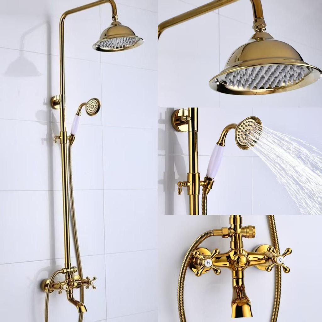 French Retro Full Copper Gold Shower Head Set with Hot and Cold Faucet