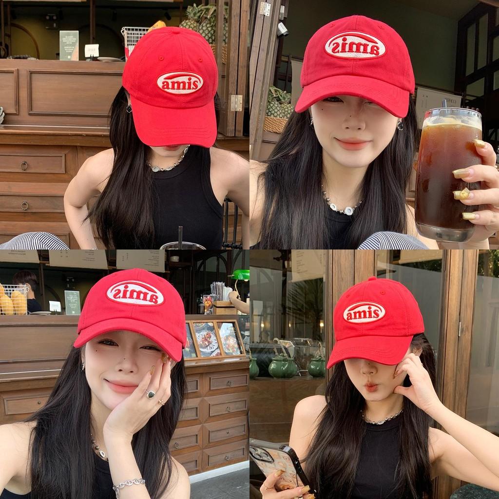 Hat Peaked Red Baseball Cap Amis Letter Pattern Soft Top Breathable Adjustable