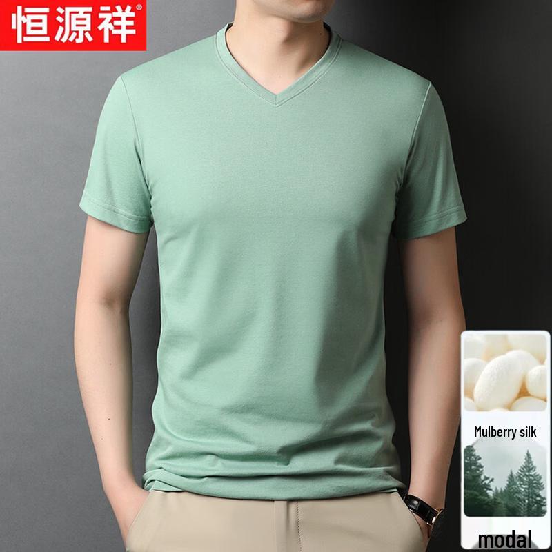 Hengyuanxiang Men s Summer V-Neck Silk Blend T-Shirt 50
