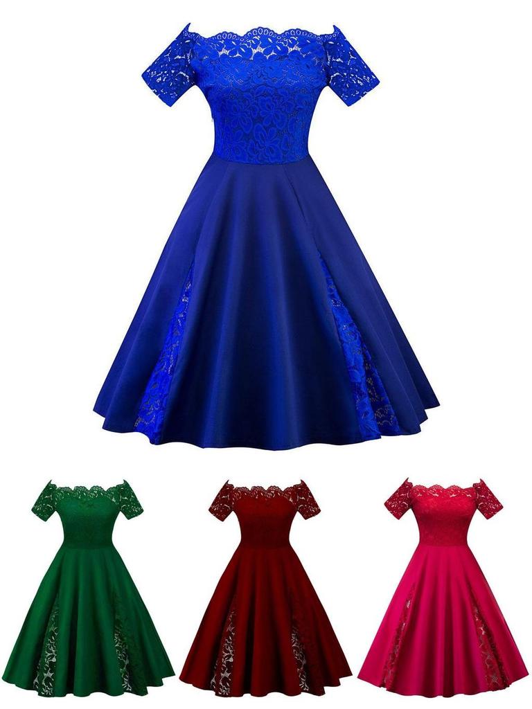 Elegant Plus Size Lace Dress With Off Panel Shoulder Design And High Waist Silhouette For Sophisticated Occasions