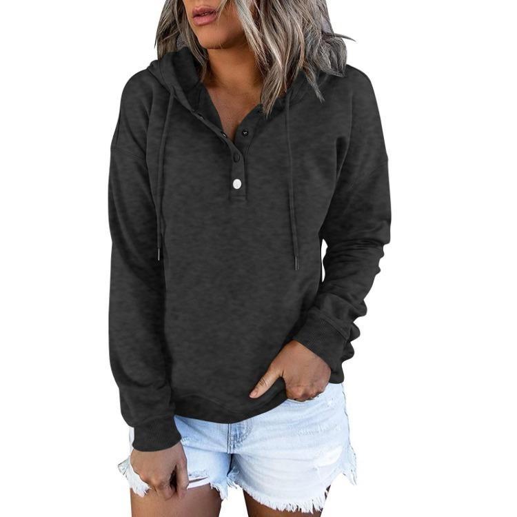 Women Fashion Solid Color Button Front Long Sleeve Hooded Top Sweatshirt Casual S
