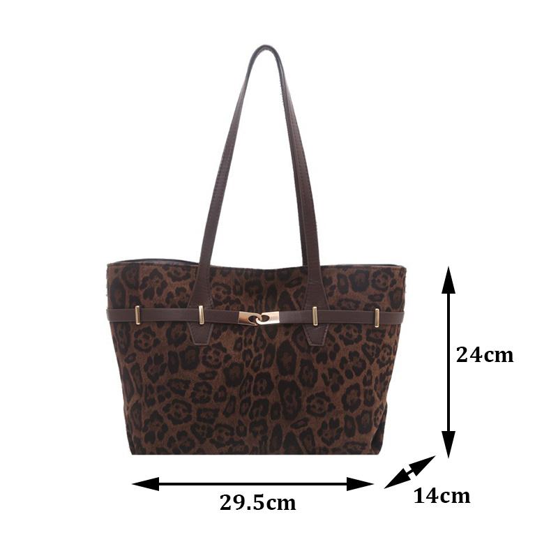 Yogodlns Leopard Print Large Capacity Tote Bag with Brown Faux Leather Trim Gold Lock Shoulder Purse for Daily Use Underarm Handbags