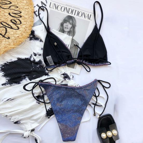 Bikini Set Bandage Lesklá dvoudílná sada plavek pro ženy Sexy špagetová ramínka