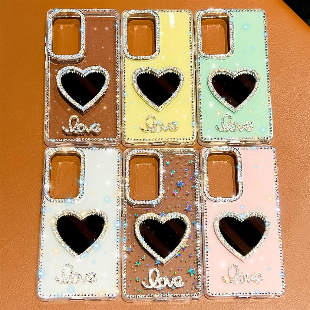Handmade Sparkly Diamond Heart Mirror IMD Phone Case, Compatible with Samsung S23 Ultra/S24/S25 & A07/A15/A16/A17/A26/A35/A36/A55/A56