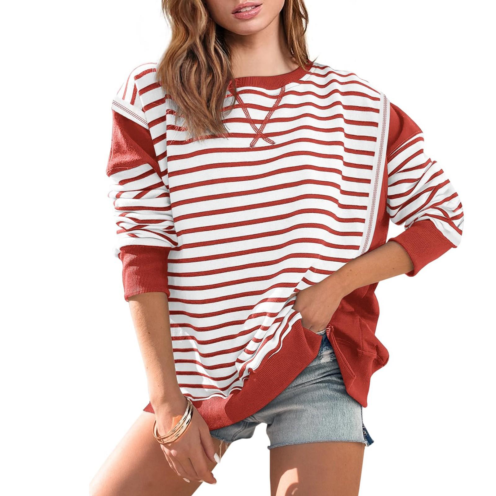 

Большие толстовки для женщин свободного кроя с круглым вырезом в полоску с цветными блоками и длинными рукавами XXL киноварь