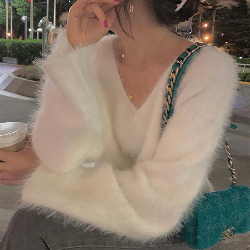 Fashion New Plush V-neck Pullover Sweaters for Women Autumn and Winter Loose Fit Mink Fur Casual Knitted Sweater Women Soft Warm Vintage Jumper 25778