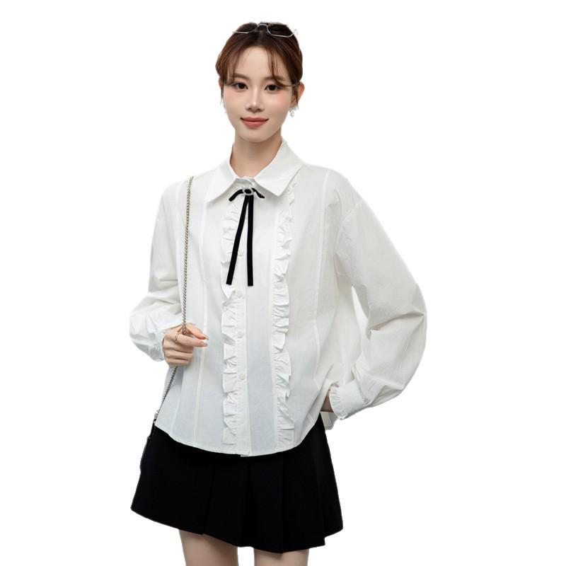 Korean Style Bow Tie White Shirt - Women's Spring 2026 Long Sleeve Top