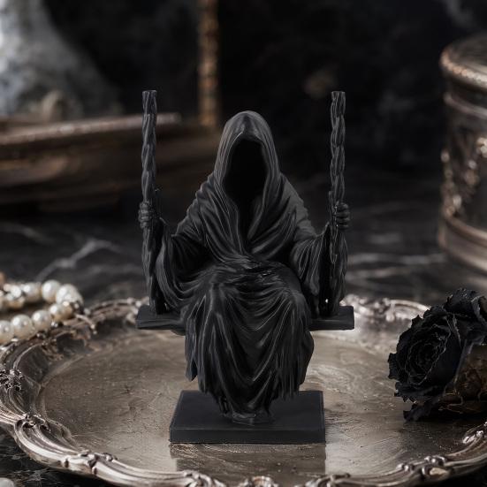 DYS 3D-gedruckte sitzende Sensenmann-Statue, gesichtsloser Mann in schwarzem Gewand auf Schaukel-Figur, gotische Kapuze Skulptur Ornament, dunkler Stil Figur Dekoration
