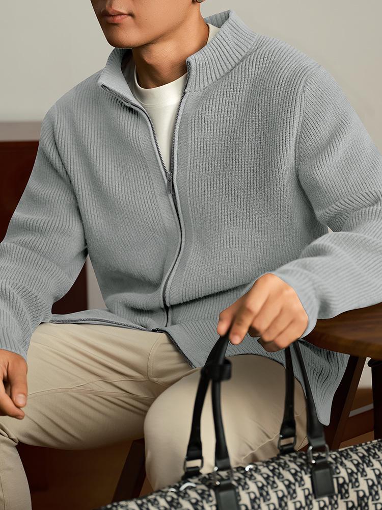 Men's High Neck Double Zipper Cardigan Sweater Jacket - Solid Color, Loose-Fit Knit Top for Autumn and Winter