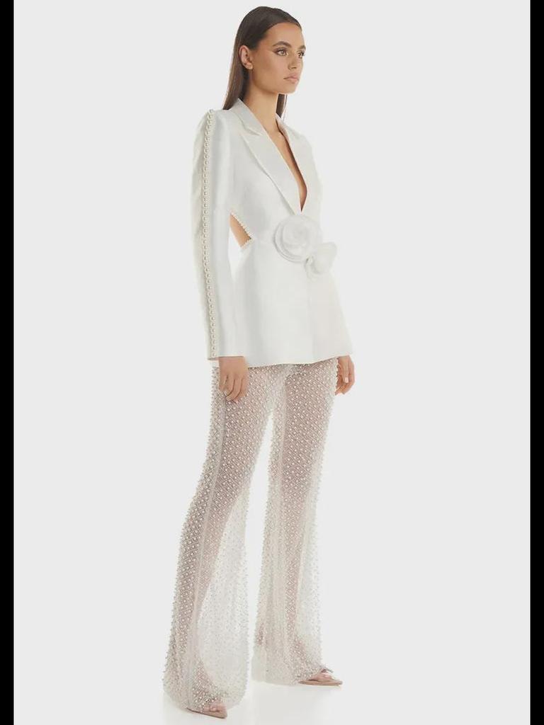 2024 Spring/Summer 3D Floral Beaded Mesh Pantsuit with Sequins and Pearls
