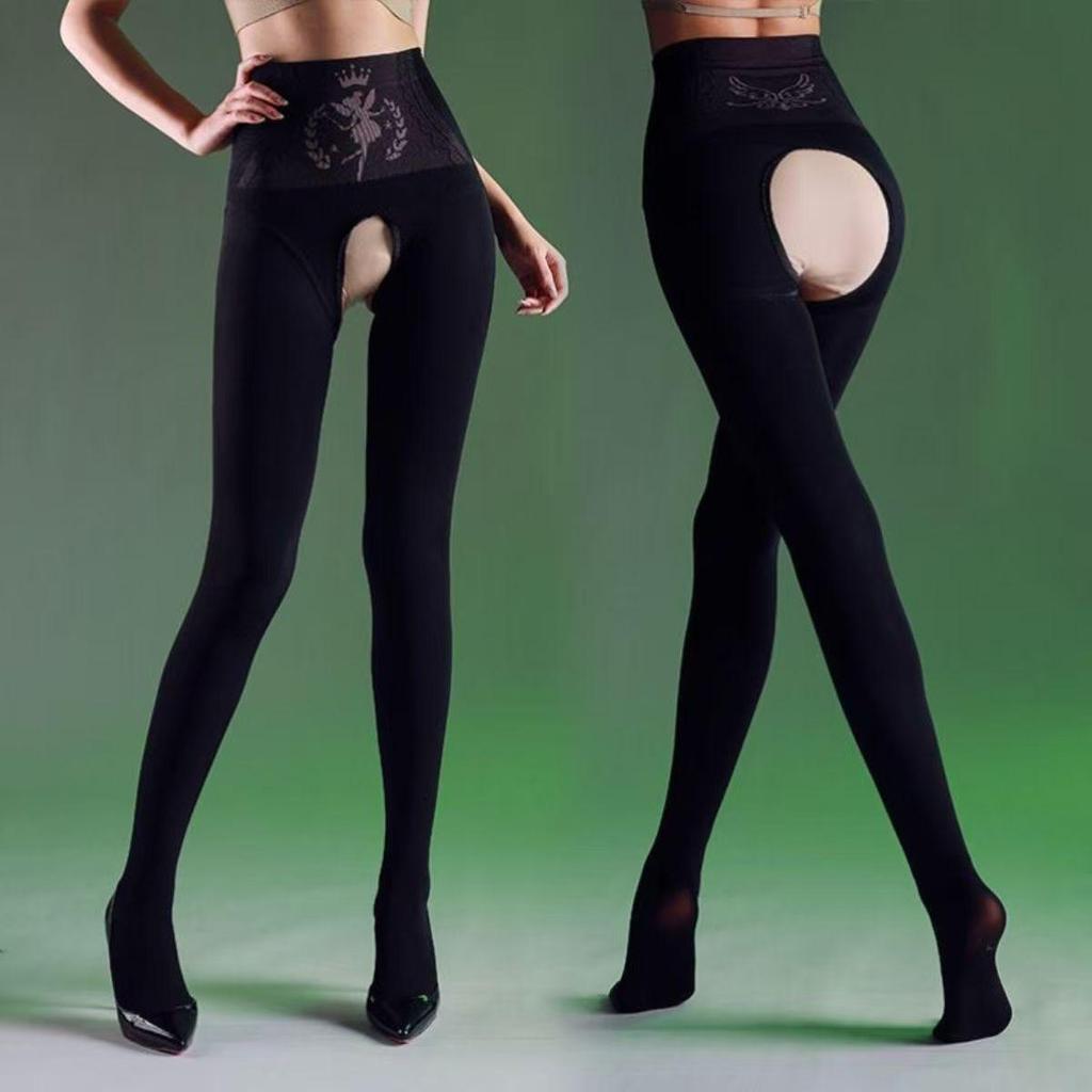 Black Silk Glossy Open-Crotch Fleece-Lined Pantyhose – Leg-Perfecting Sheer Stockings for Autumn & Winter