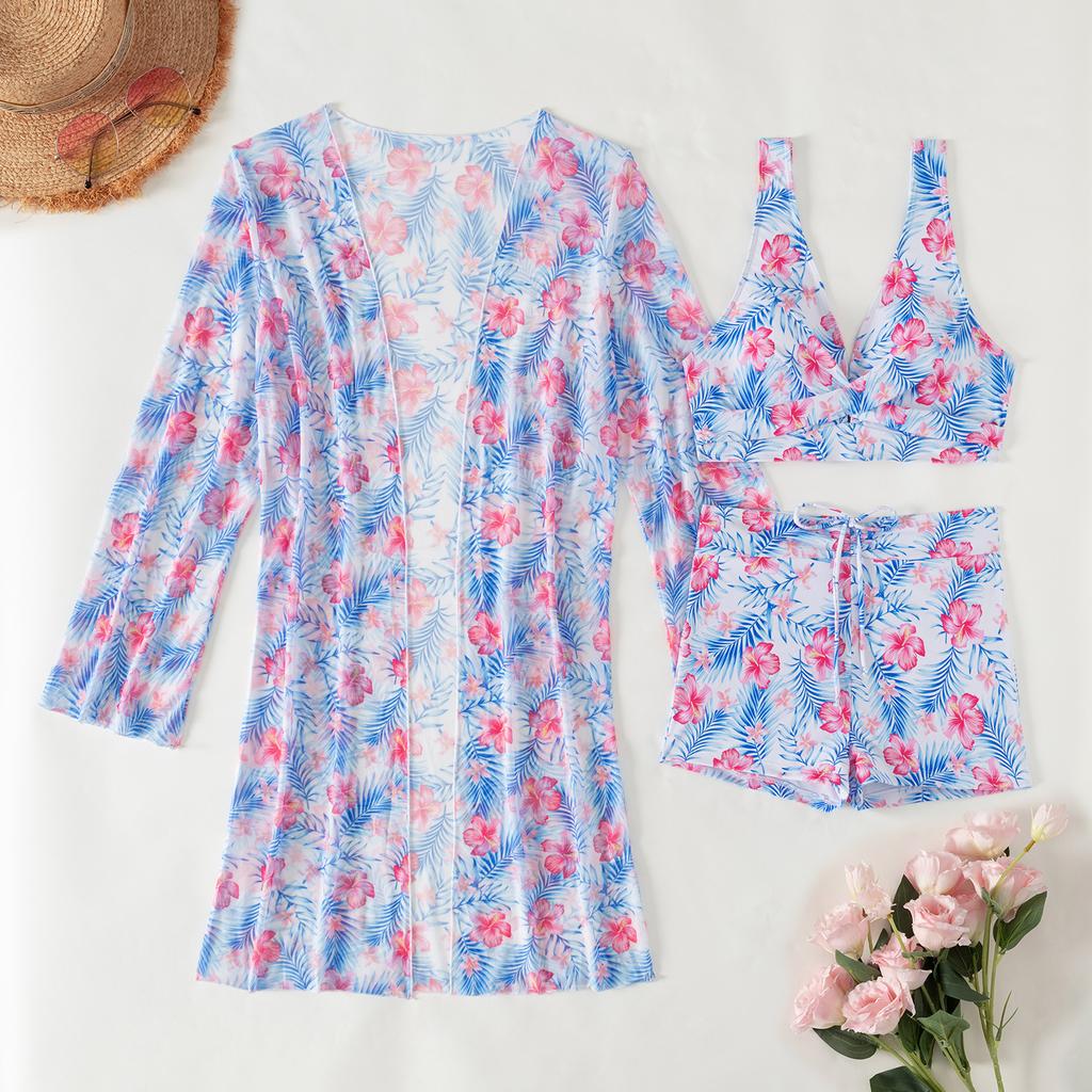 3 Piece Tropical Floral Print Bikini Set V Neck Boy Shorts Long Sleeve Sheer Cover Up Sexy Push Up Beach Vacation Bathing Suit