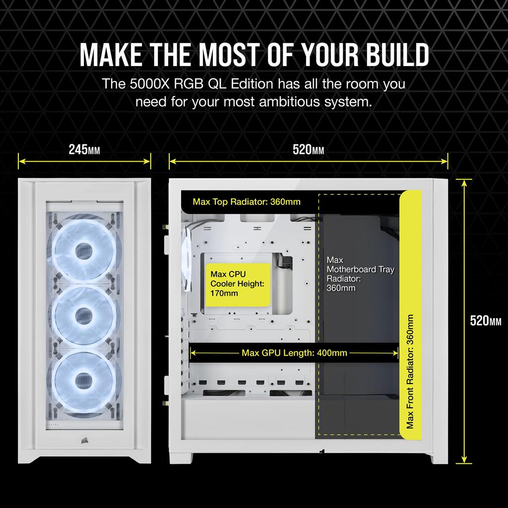 CORSAIR iCUE 5000X RGB QL Edition Mid-Tower PC Case, White (True White) CC-9011233-WW