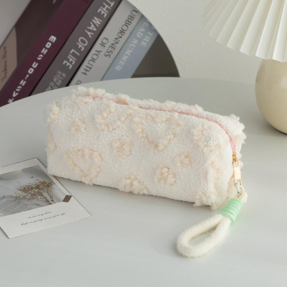 Kawaii Berber Fleece Pencil Case Lifting Rope Love Heart Pattern Pencil Pouch Large Capacity Pen Bag Student