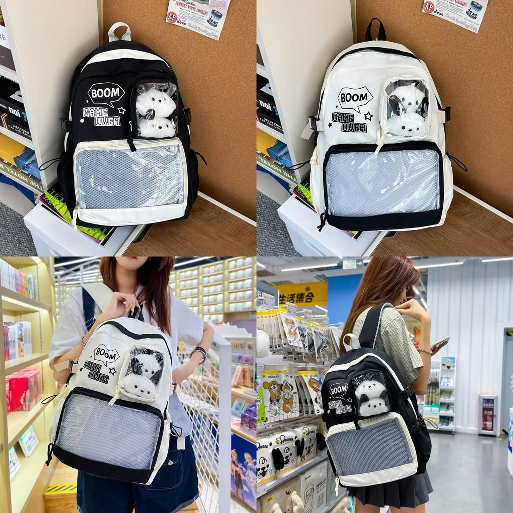 Classroom Backpack Lightweight Nylon With Letter Print And Transparent Layer Design For Teen Use