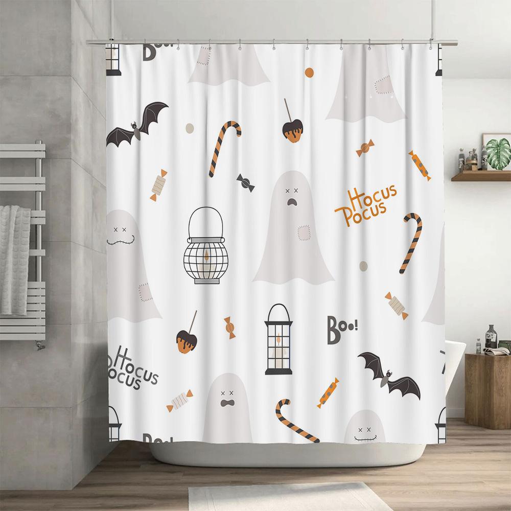 Halloween-themed shower curtain with cute ghost designs, perfect for a spooky bathroom makeover Decorate your home this Hallowe