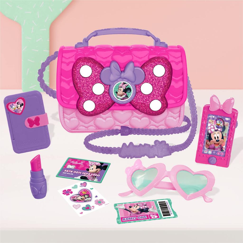 Disney Junior Minnie Mouse Bowfabulous Bag Set, 9 Piece Pretend Play Purse with Lights and Sounds Cell Phone, Sunglasses, and Accessories