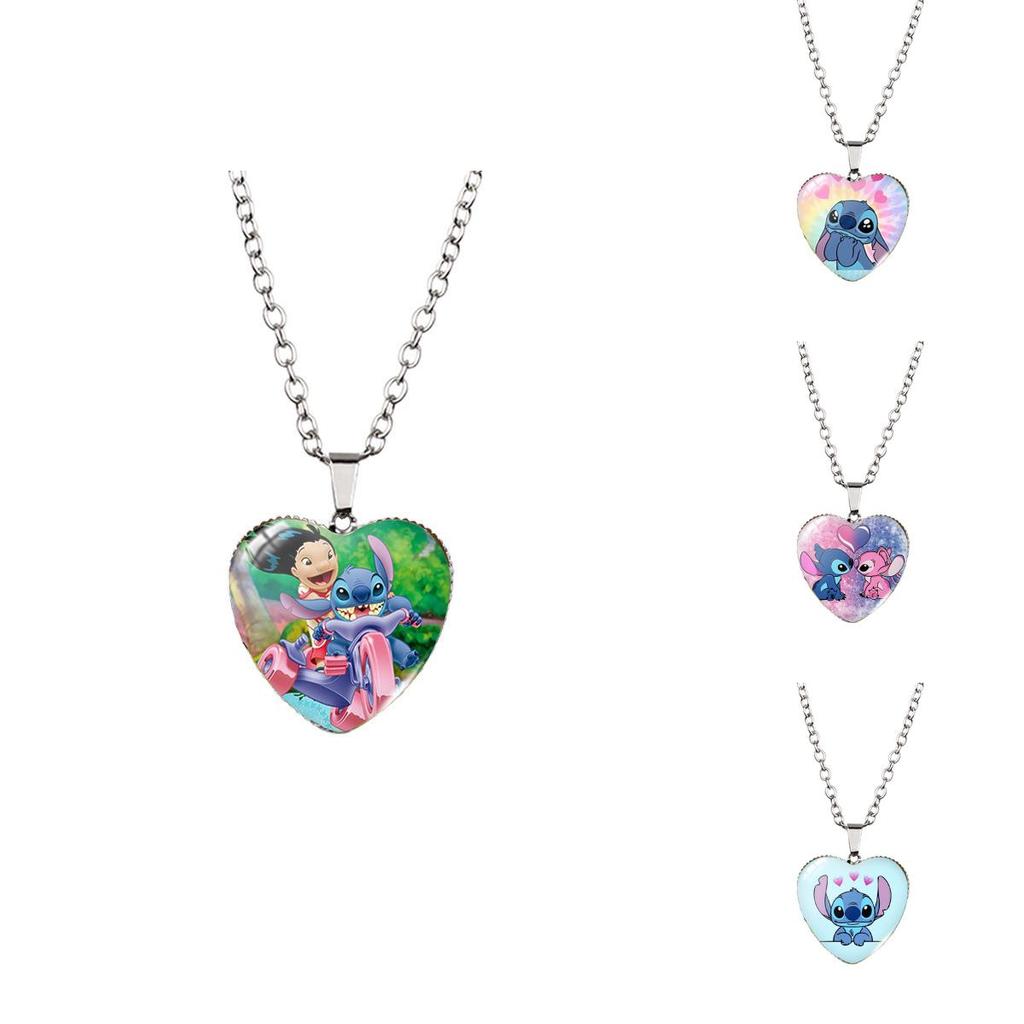 Adorable Stitch Cartoon Heart Necklace For Kids With Stunning Glass Pendant And Alloy Chain