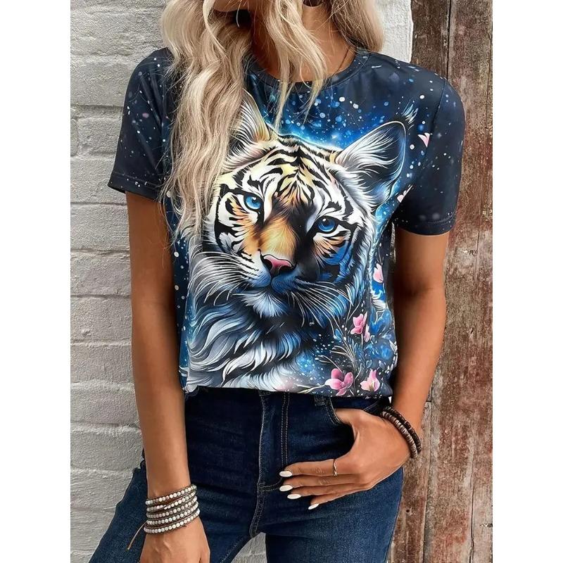 3D Printed Women's Round Neck Tiger Pattern T-shirt Multifunctional Summer Fresh Women's Version T-shirt Breathable Machine Wash Outdoor Top
