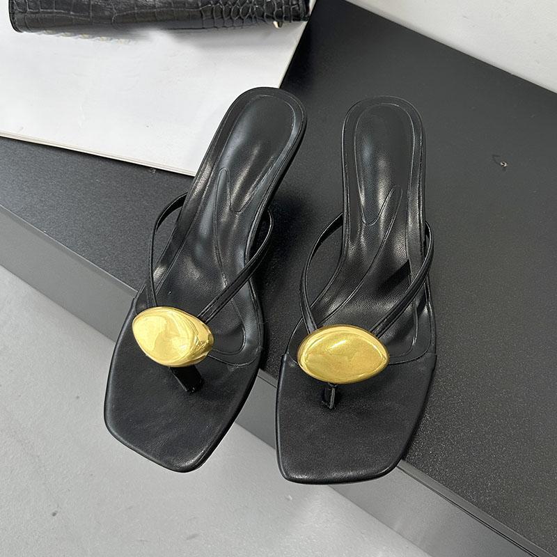 Fashion Fashion Metal Women Low Heel Slides Slippers New In Summer Beach Female Flip Flops Sandals Ladies Heeled Slippers Shoes Pumps