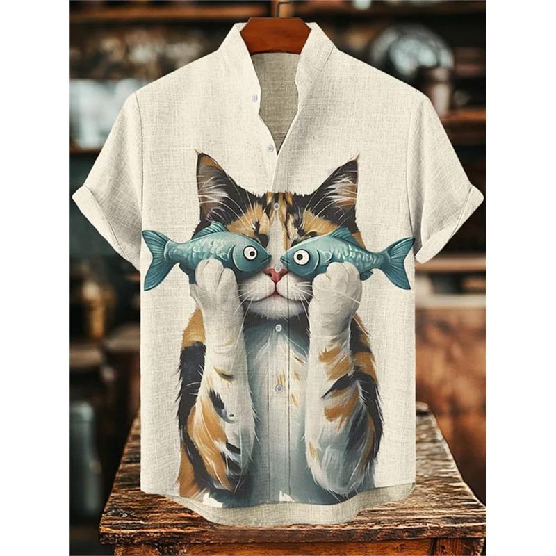 Men's short-sleeved shirt with a fun cat print, stand-up collar, single-breasted casual style. Hawaiian shirt, men's unique top.