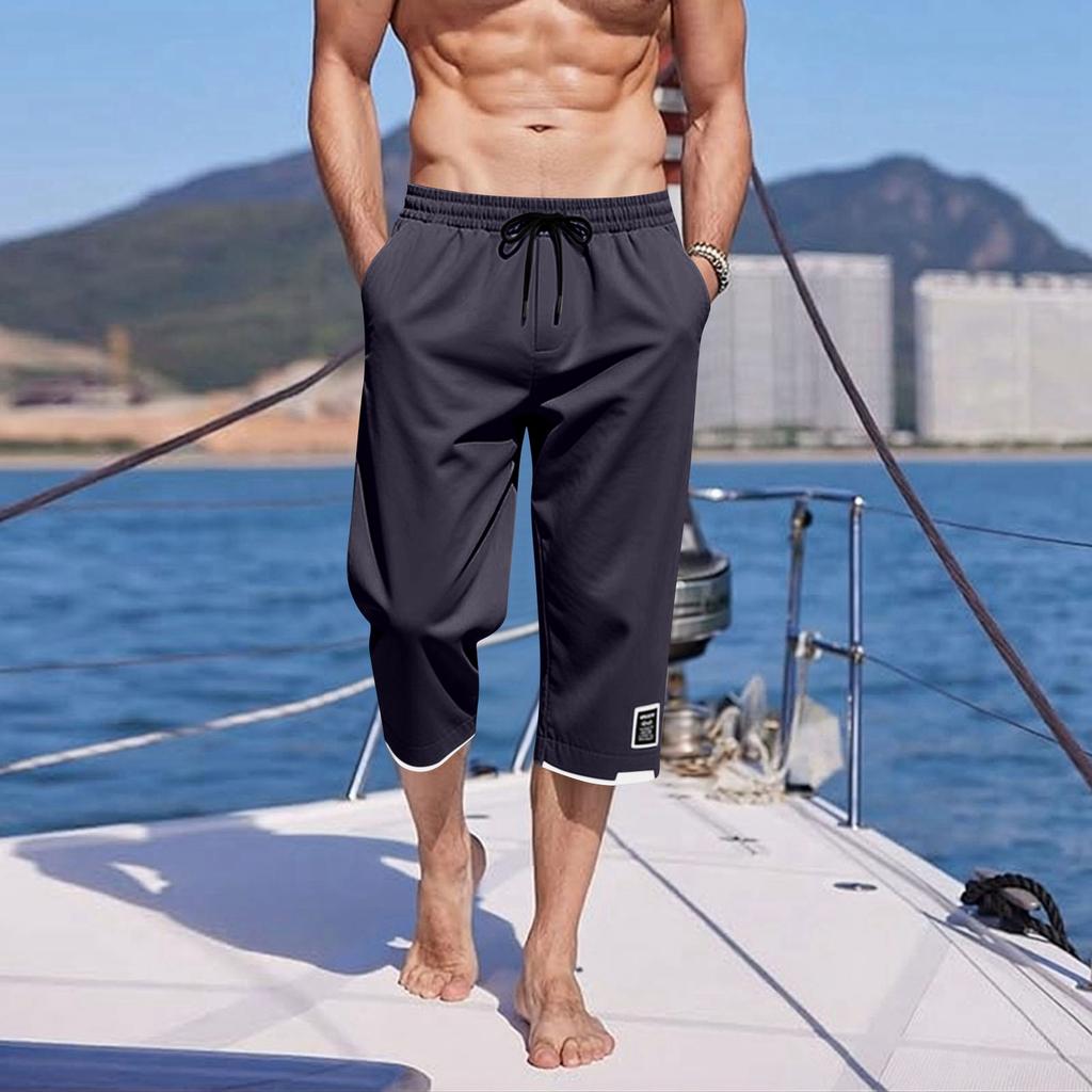 Herren Sieben-Viertel-Hose Elastischer Bund Kordelzug Tasche Lässig Strand Yoga Capri-Hose Leicht Bequem