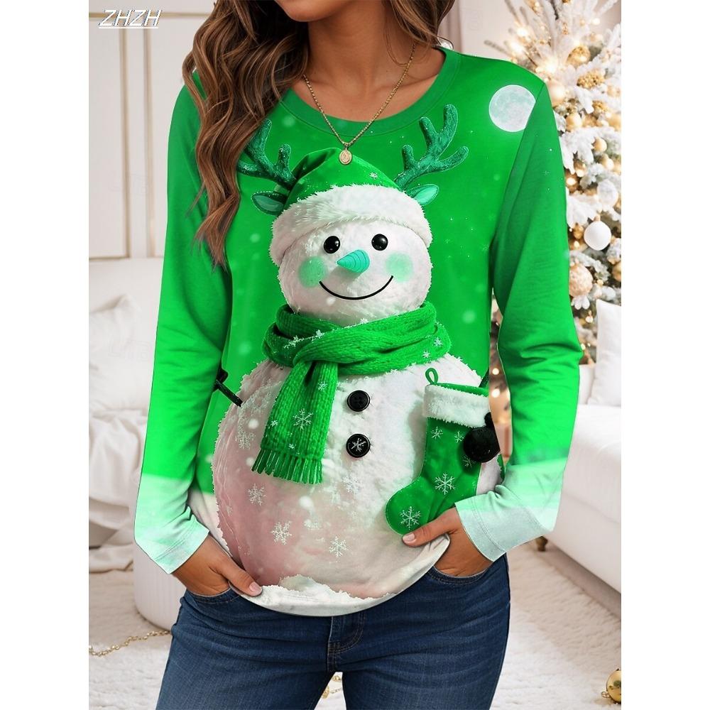 Women's Festive Snowman Print Long Sleeve, Christmas Holiday Graphic Top, Round Neck Casual Style, Fall Winter Seasonal Wear