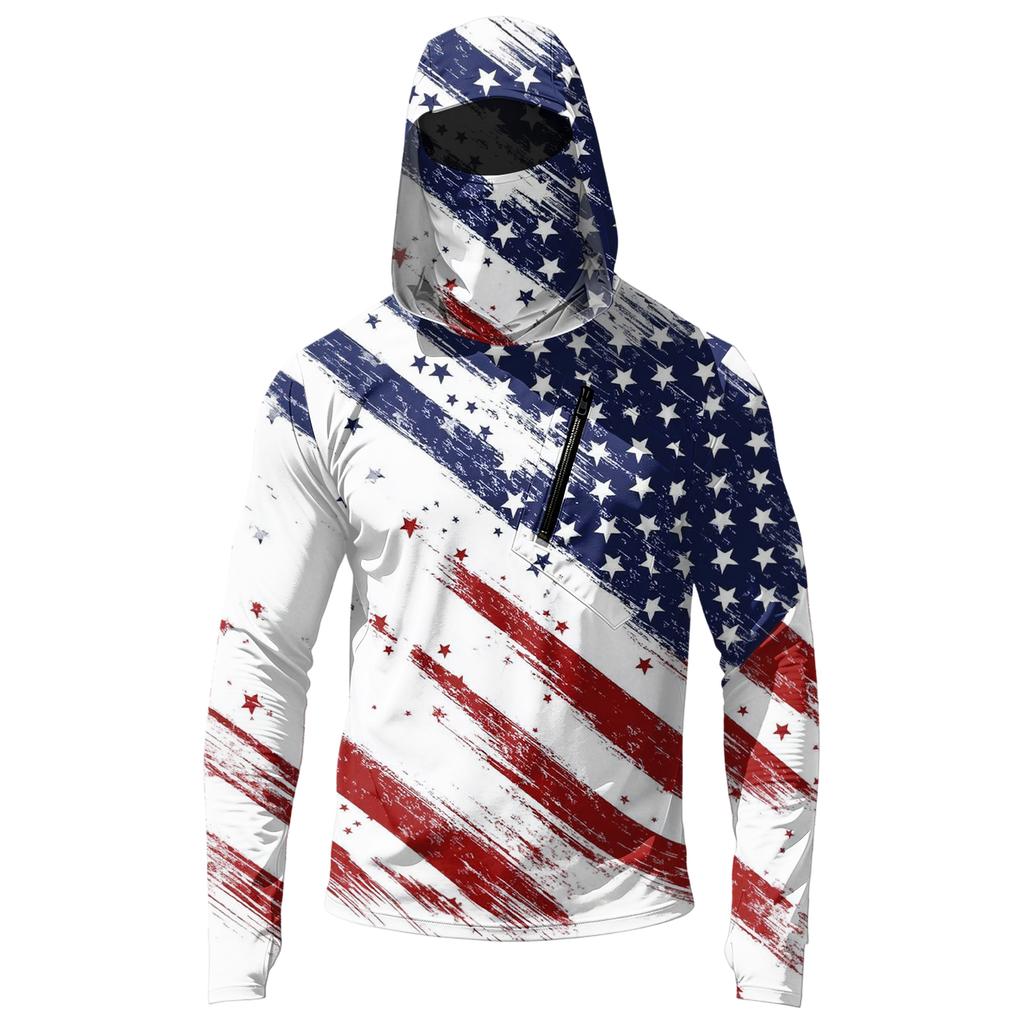 Men's Long Sleeve Hooded Sweatshirt with Flag Print Lightweight Pullover Casual Hooded Top with Front Zipper Pocket