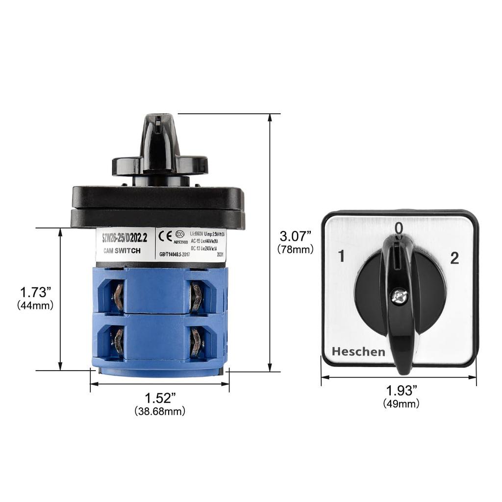 Heschen Universal Rotary Cam Selector Change-Over Switch, SZW26-25/D202.2, Latching 660V 25A, On-Off-On, 3 Position 2 Phase 8 Terminal, CE