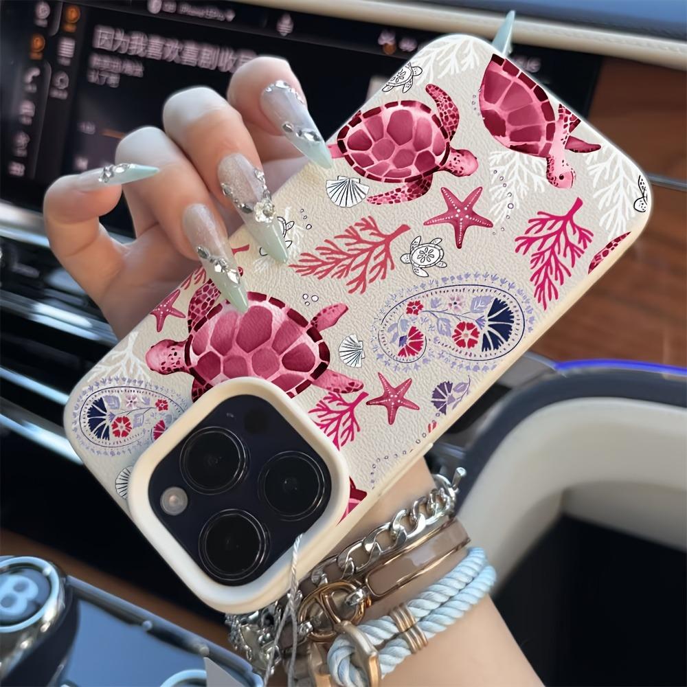 Pink Sea Turtle Print Lychee Texture Phone Case For iPhone 11 12 13 14 15 16 17 Pro Max 14 15 Plus 17 Air Silicone Soft Cover