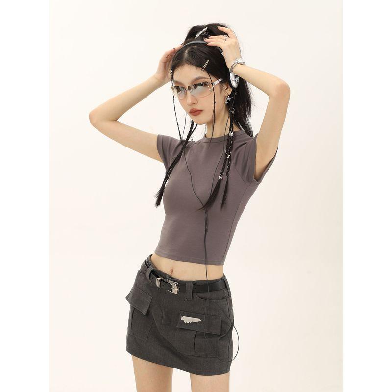Shiyiyue Slim Fit Midriff-Baring Pure Color Short Sleeve T-Shirt