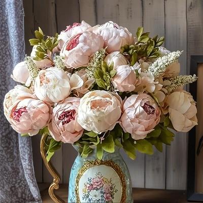 Faux Bouquet de Pivoines 13 Têtes Fleurs Bouton Pivoine Artificielle Vintage 47cm Fleurs en Soie pour Décoration de Mariage Maison, 1 pièce