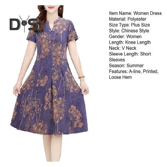 Women Summer Dress V Neck Long Sleeve Chinese Style Short Sleeves Printed A Line Pleated Pockets Knee Length Mid Aged Women Mother Midi Dress