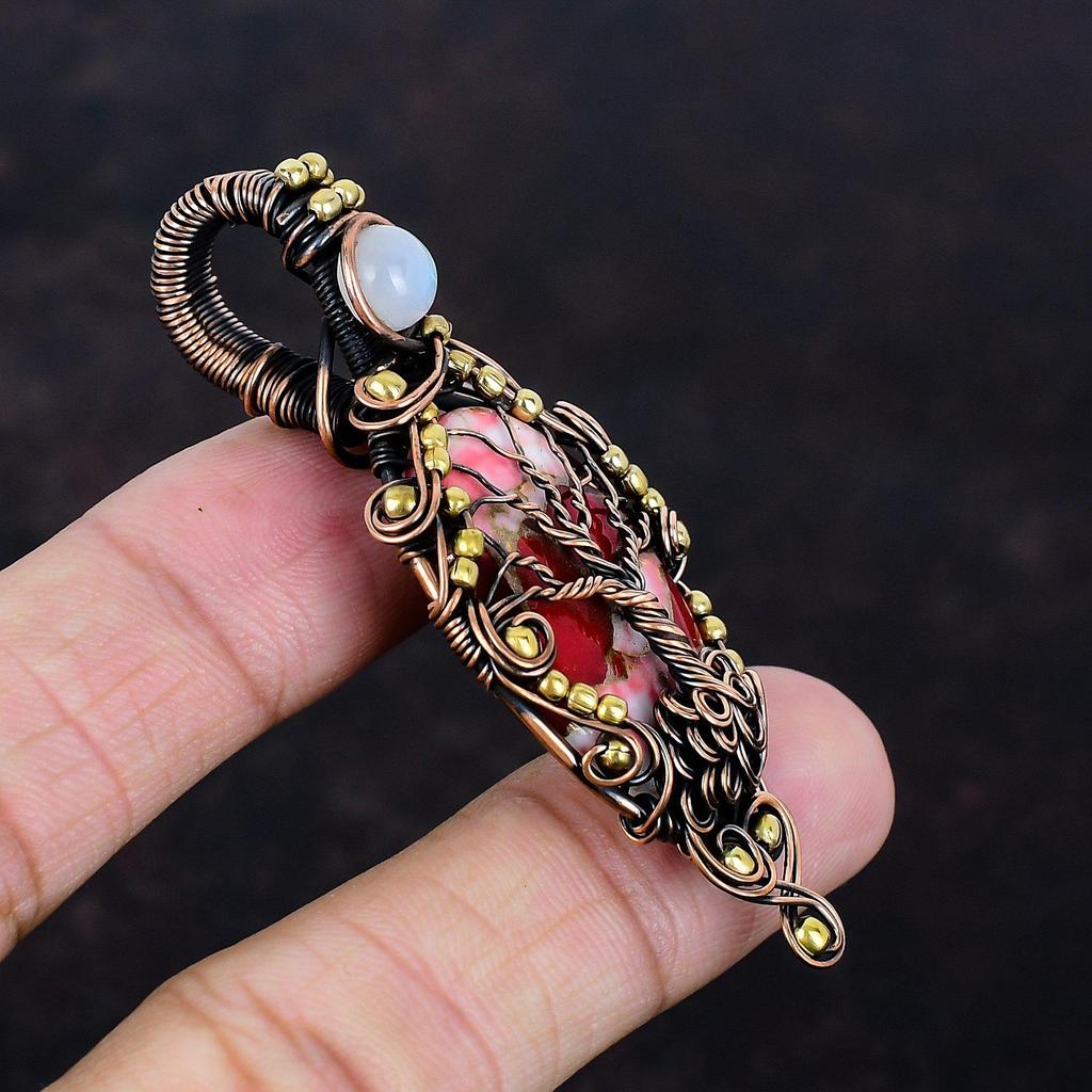 Tree of Life Kingman Red Mohave Copper Turquoise Pendant Copper Wire Wrapped Gemstone Jewelry Rainbow Moonstone Pendant Handmade Jewelry