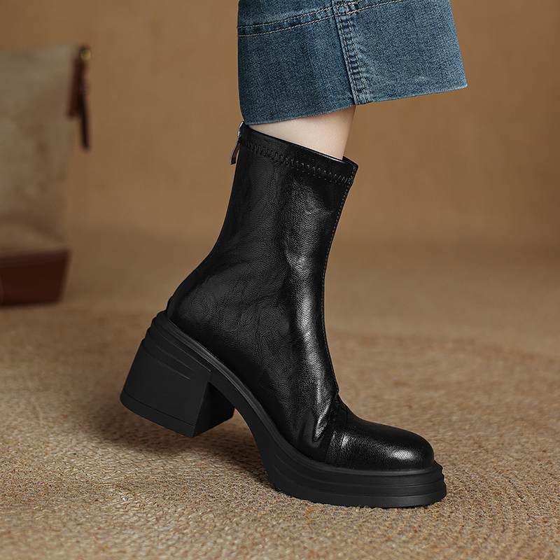 Krazing Pot Sheepskin Winter Round Toe Modern Platform Boots Thick High Heels Zipper Women Ankle Boots