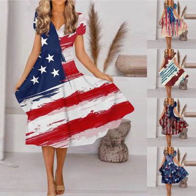 Women's Spring And Summer Fashion V Neck Short Sleeve Independence Day Printed Loose Hem Dress