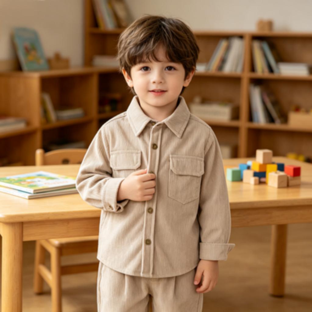 Boys' Casual Cotton Long Sleeve Stand Collar Shirt for Spring Everyday Wear