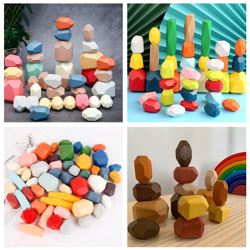 Children Wooden Gem Stone Balanc Building Blocks Educational Toys Creative Nordic Style Stacking Game Rainbow Wooden Toys Gift