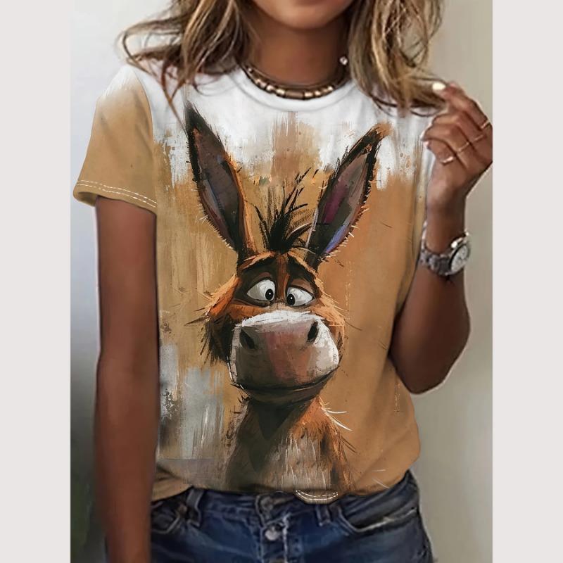 Cartoon-T-Shirt für Damen, Tiermuster-Druck, O-Ausschnitt, Oberteil, Outdoor-Mode, Damen-T-Shirts, Pullover, weibliches übergroßes Kleidungshemd
