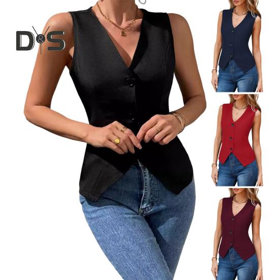 Women's Dressy Suit Vest V-Neck Button Down Blazer Waistcoat Sleeveless Crop Top Slim Fit Work Office Outfit